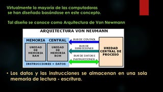 Virtualmente la mayoría de las computadoras
se han diseñado basándose en este concepto.
Tal diseño se conoce como Arquitectura de Von Newmann
• Los datos y las instrucciones se almacenan en una sola
memoria de lectura - escritura.
 