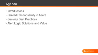 Agenda
• Introductions
• Shared Responsibility in Azure
• Security Best Practices
• Alert Logic Solutions and Value
 