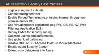 Azure Network Security Best Practices
• Logically segment subnets
• Control routing behavior
• Enable Forced Tunneling (e.g. forcing internet through on-
premise and/or DC)
• Use Virtual network appliances (e.g FW, IDS/IPS, AV, Web
Filtering, Application ELB)
• Deploy DMZs for security zoning
• Optimize uptime and performance
• Use global load balancing
• Disable RDP or SSH Access to Azure Virtual Machines
• Enable Azure Security Center
• Extend your datacenter into Azure
 