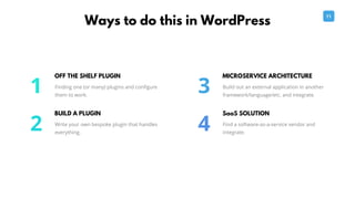 11
Ways to do this in WordPress
MICROSERVICE ARCHITECTURE
Build out an external application in another
framework/language/...