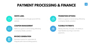 19
PAYMENT PROCESSING & FINANCE
PROMOTION OPTIONS
Refers to a good or service being offered by
a company ideally a product...