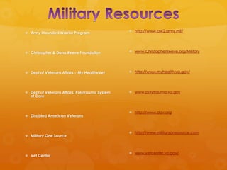 http://www.aw2.army.mil/
 Army Wounded Warrior Program




 Christopher & Dana Reeve Foundation            www.ChristopherReeve.org/Military




 Dept of Veterans Affairs --My HealtheVet       http://www.myhealth.va.gov/




 Dept of Veterans Affairs: Polytrauma System    www.polytrauma.va.gov
   of Care



                                                 http://www.dav.org
 Disabled American Veterans



                                                 http://www.militaryonesource.com
 Military One Source




                                                 www.vetcenter.va.gov/
 Vet Center
 