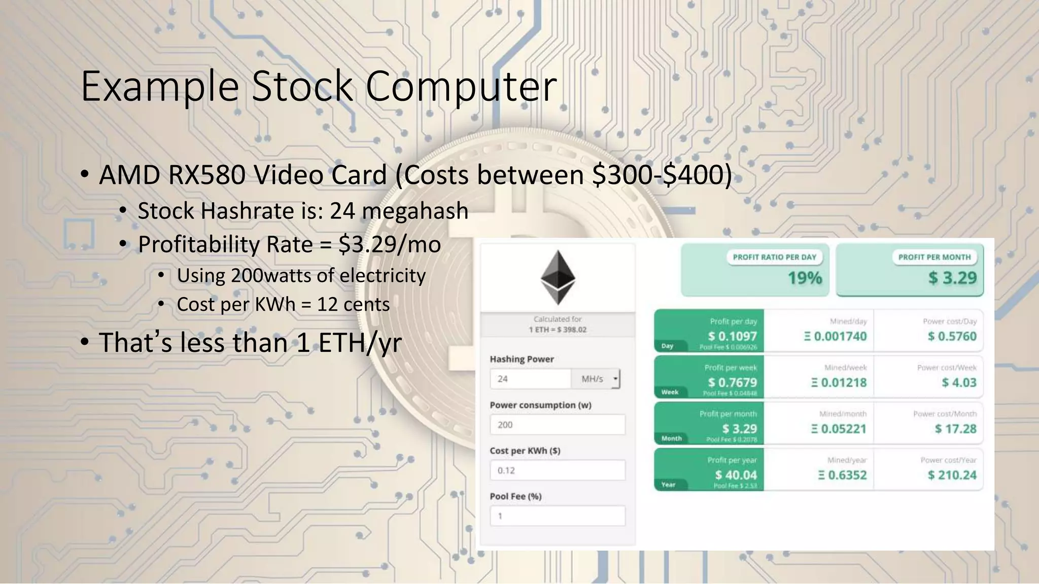 Example Stock Computer
• AMD RX580 Video Card (Costs between $300-$400)
• Stock Hashrate is: 24 megahash
• Profitability Rate = $3.29/mo
• Using 200watts of electricity
• Cost per KWh = 12 cents
• That’s less than 1 ETH/yr
 