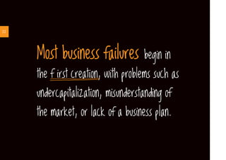 22
Most business failures begin in
the f irst creation, with problems such as
undercapitalization, misunderstanding of
the...