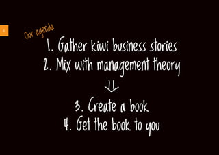 6
1. Gather kiwi business stories
2. Mix with management theory
Our agenda
3. Create a book
4. Get the book to you
 