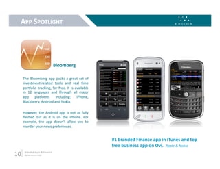 APP SPOTLIGHT 




                                 Bloomberg 

      The  Bloomberg  app  packs  a  great  set  of 
      investment‐related  tools  and  real  9me 
      porfolio  tracking,  for  free.  It  is  available 
      in  12  languages  and  through  all  major 
      app  plaforms  including:  iPhone, 
      Blackberry, Android and Nokia. 

      However,  the  Android  app  is  not  as  fully 
      ﬂeshed  out  as  it  is  on  the  iPhone.  For 
      example,  the  app  doesn't  allow  you  to 
      reorder your news preferences. 


                                                            #1 branded Finance app in iTunes and top 
                                                            free business app on Ovi.  Apple & Nokia 
10     Branded Apps & Finance 
       digital.exicon.mobi 
 