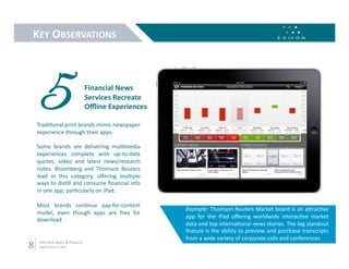 KEY OBSERVATIONS 




 5                              Financial News 
                                Services Recreate 
                                Oﬄine Experiences 

     Tradi9onal print brands mimic newspaper 
     experience through their apps.  

     Some  brands  are  delivering  mul9media 
     experiences  complete  with  up‐to‐date 
     quotes,  video  and  latest  news/research 
     notes.  Bloomberg  and  Thomson  Reuters 
     lead  in  this  category,  oﬀering  mul9ple 
     ways to dis9ll and consume ﬁnancial info 
     in one app, par9cularly on iPad.  

     Most  brands  con9nue  pay‐for‐content 
                                                     Example: Thomson Reuters Market board is an aLrac9ve 
     model,  even  though  apps  are  free  for 
                                                     app  for  the  iPad  oﬀering  worldwide  interac9ve  market 
     download 
                                                     data and top interna9onal news stories. The big standout 
                                                     feature is the ability to preview and purchase transcripts 
                                                     from a wide variety of corporate calls and conferences. 
8     Branded Apps & Finance 
      digital.exicon.mobi 
 