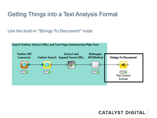 Getting Things into a Text Analysis Format
Use the built-in “Strings To Document” node
 