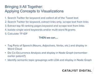 Bringing It All Together:
Applying Concepts to Visualizations
1. Search Twitter for keyword and collect all of the Tweet text
2. Search Twitter for keyword, extract links only, scrape text from links
3. Extract top 10 ranking pages keyword and scrape text from links
4. Isolate single word keywords and/or multi-word N-grams
5. Calculate TF-IDF
THEN we can…
• Tag Parts of Speech (Nouns, Adjectives, Verbs, etc.) and display in
Word Cloud
• Do Co-Occurrence Analysis and display in Node Graph (remember
earlier patent?)
• Identify semantic topic groupings with LDA and display in Node Graph
 