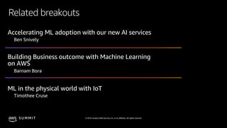 © 2019, Amazon Web Services, Inc. or its affiliates. All rights reserved.S U M M I T
Related breakouts
Accelerating ML adoption with our new AI services
Ben Snively
Building Business outcome with Machine Learning
on AWS
Barnam Bora
ML in the physical world with IoT
Timothee Cruse
 