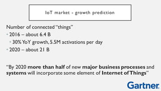 IoT market - growth prediction
Number of connected “things”
• 2016 – about 6.4 B
• 30% YoY growth, 5.5M activations per day
• 2020 – about 21 B
“By 2020 more than half of new major business processes
and systems will incorporate some element of Internet of
Things”
 