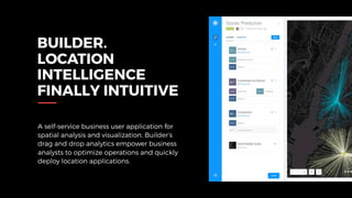 BUILDER.
LOCATION
INTELLIGENCE
FINALLY INTUITIVE
A self-service business user application for
spatial analysis and visualization. Builder’s
drag and drop analytics empower business
analysts to optimize operations and quickly
deploy location applications.
 