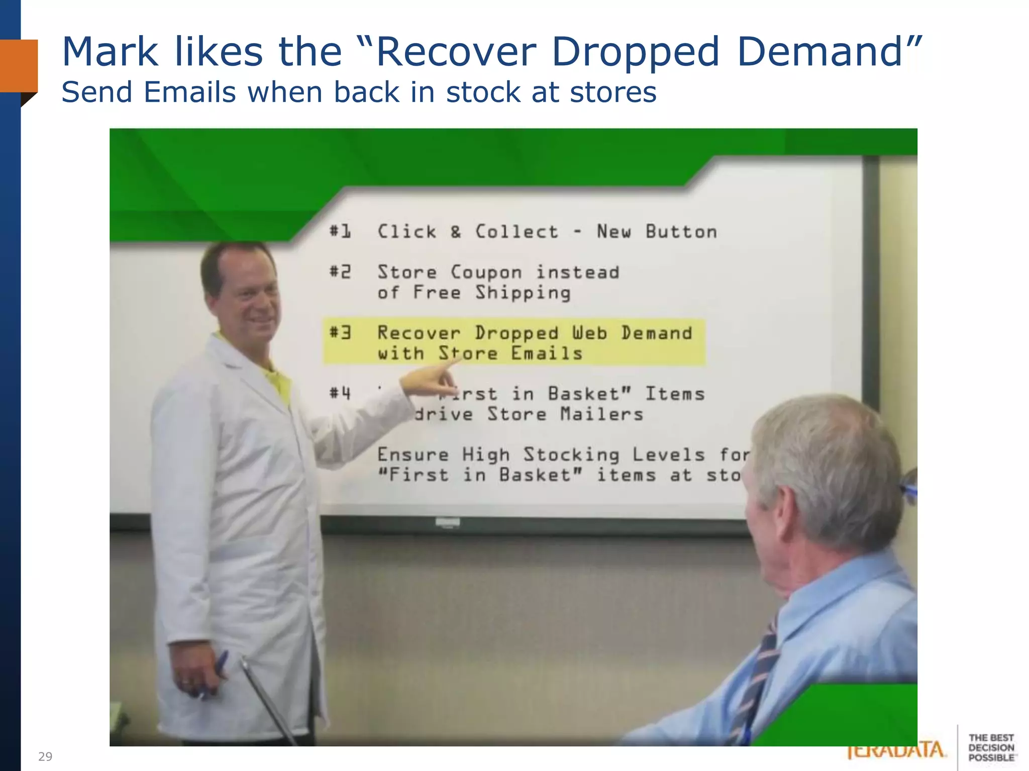 Mark likes the “Recover Dropped Demand”
     Send Emails when back in stock at stores




29
 