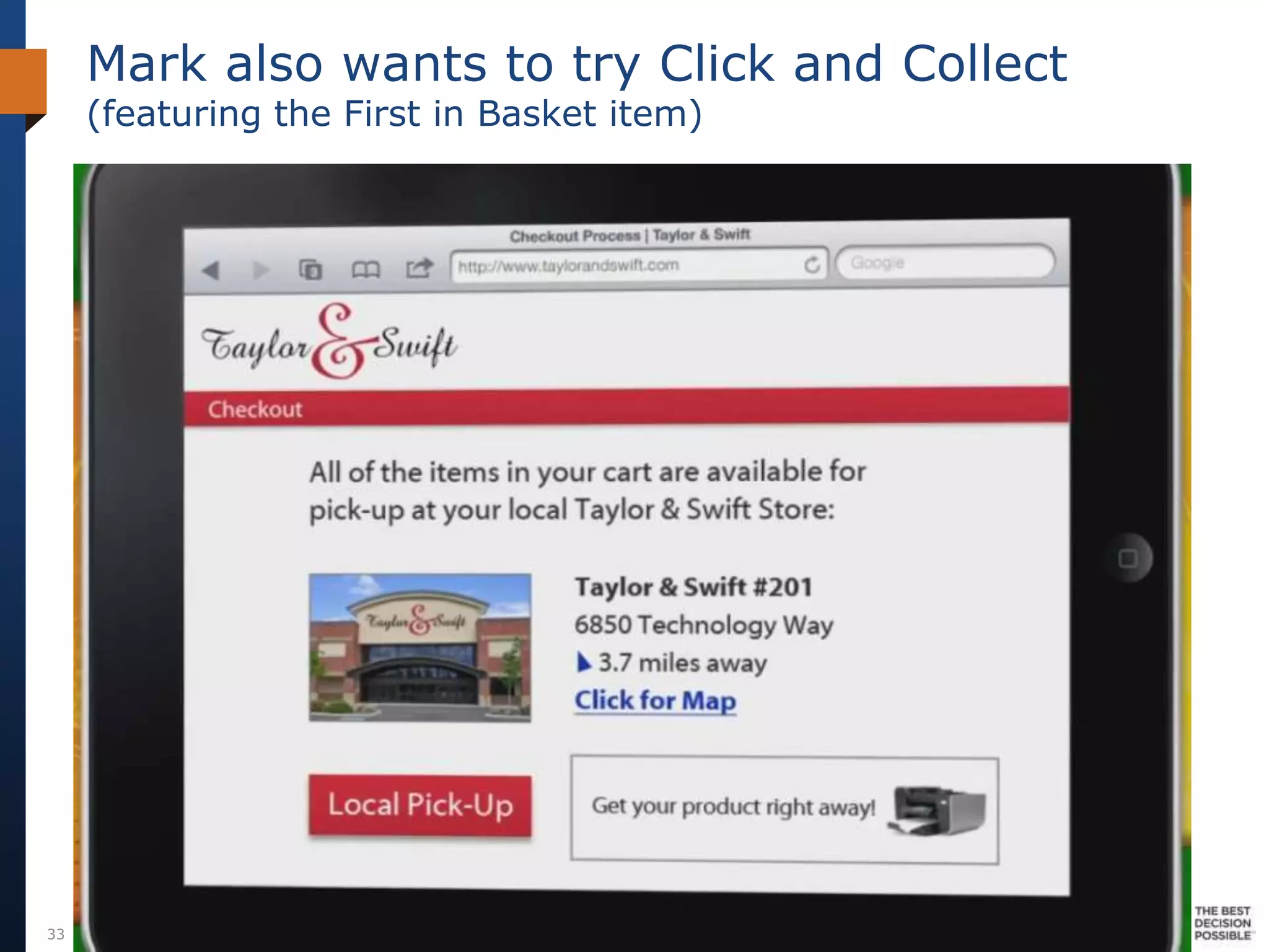 Mark also wants to try Click and Collect
     (featuring the First in Basket item)




33
 