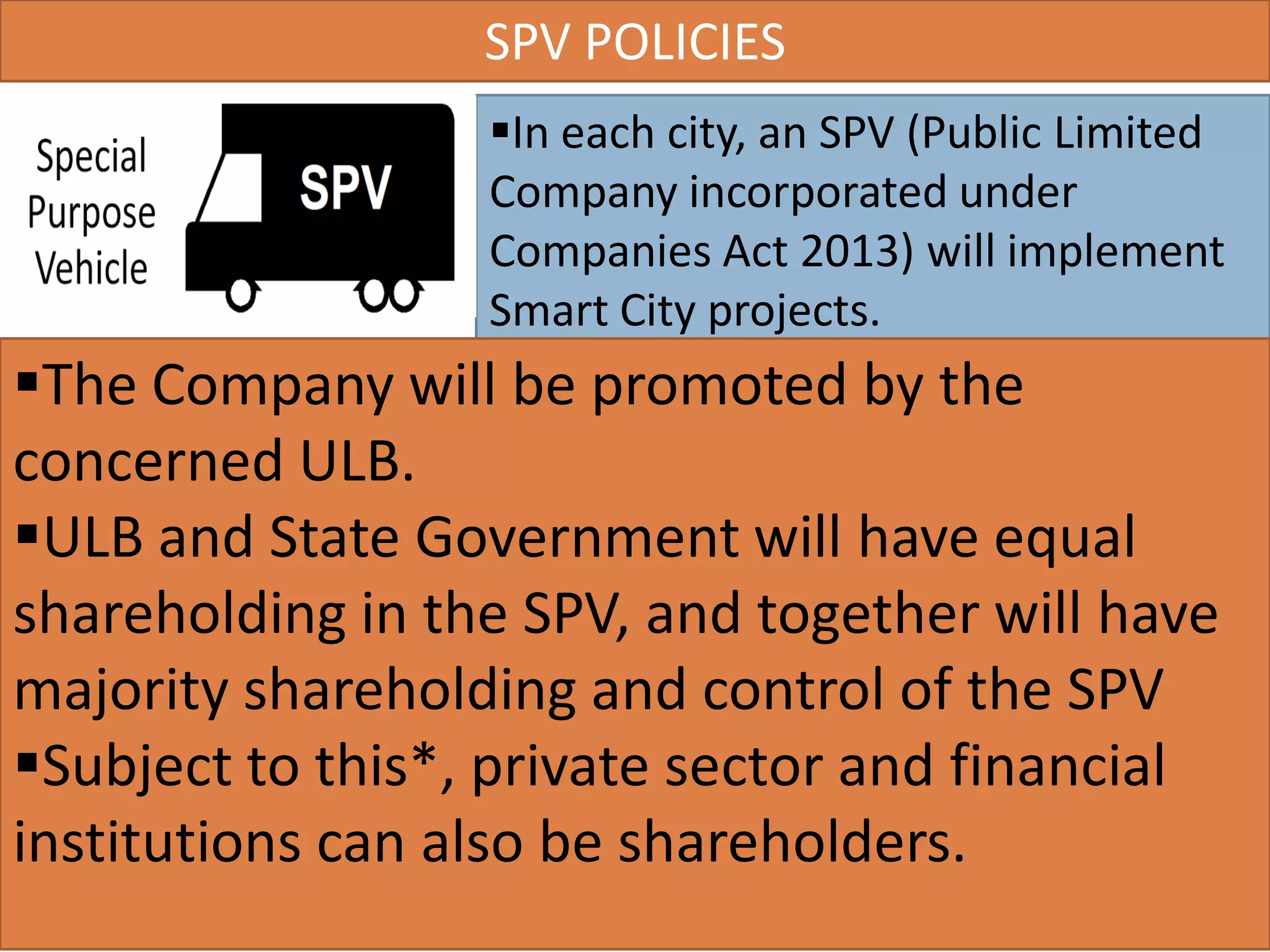 SPV POLICIES
In each city, an SPV (Public Limited
Company incorporated under
Companies Act 2013) will implement
Smart City projects.
35
The Company will be promoted by the
concerned ULB.
ULB and State Government will have equal
shareholding in the SPV, and together will have
majority shareholding and control of the SPV
Subject to this*, private sector and financial
institutions can also be shareholders.
 