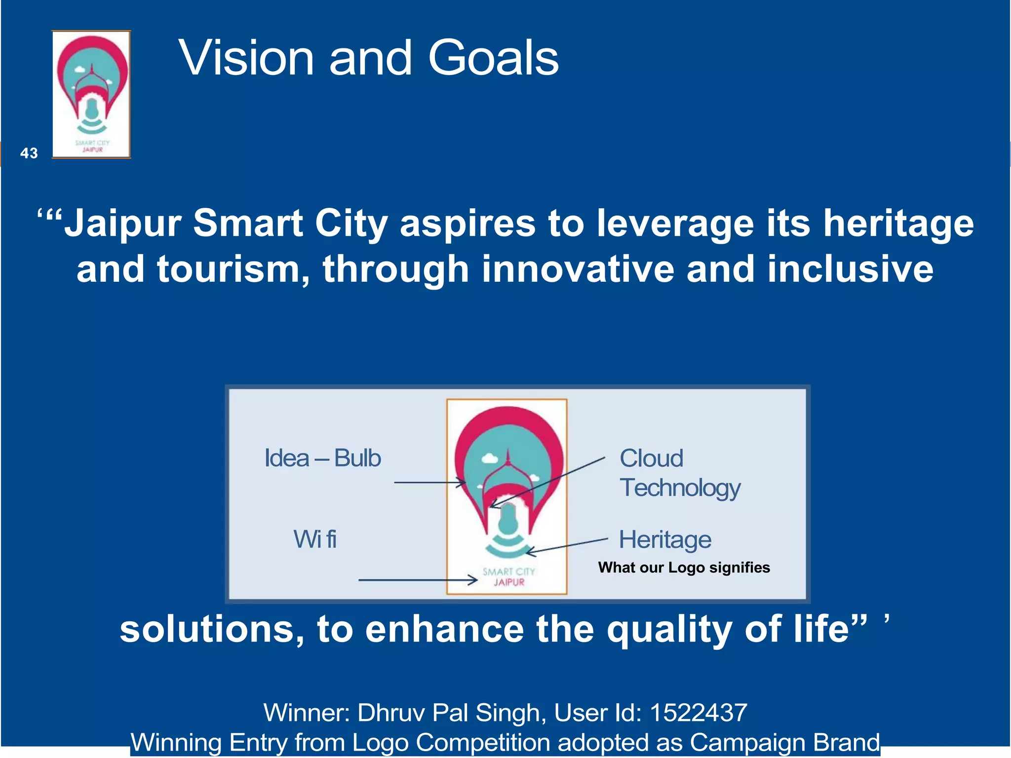 Vision and Goals
„“Jaipur Smart City aspires to leverage its heritage
and tourism, through innovative and inclusive
solutions, to enhance the quality of life” ‟
Winner: Dhruv Pal Singh, User Id: 1522437
Winning Entry from Logo Competition adopted as Campaign Brand
Heritage
What our Logo signifies
Idea – Bulb
Wi fi
Cloud
Technology
43
 