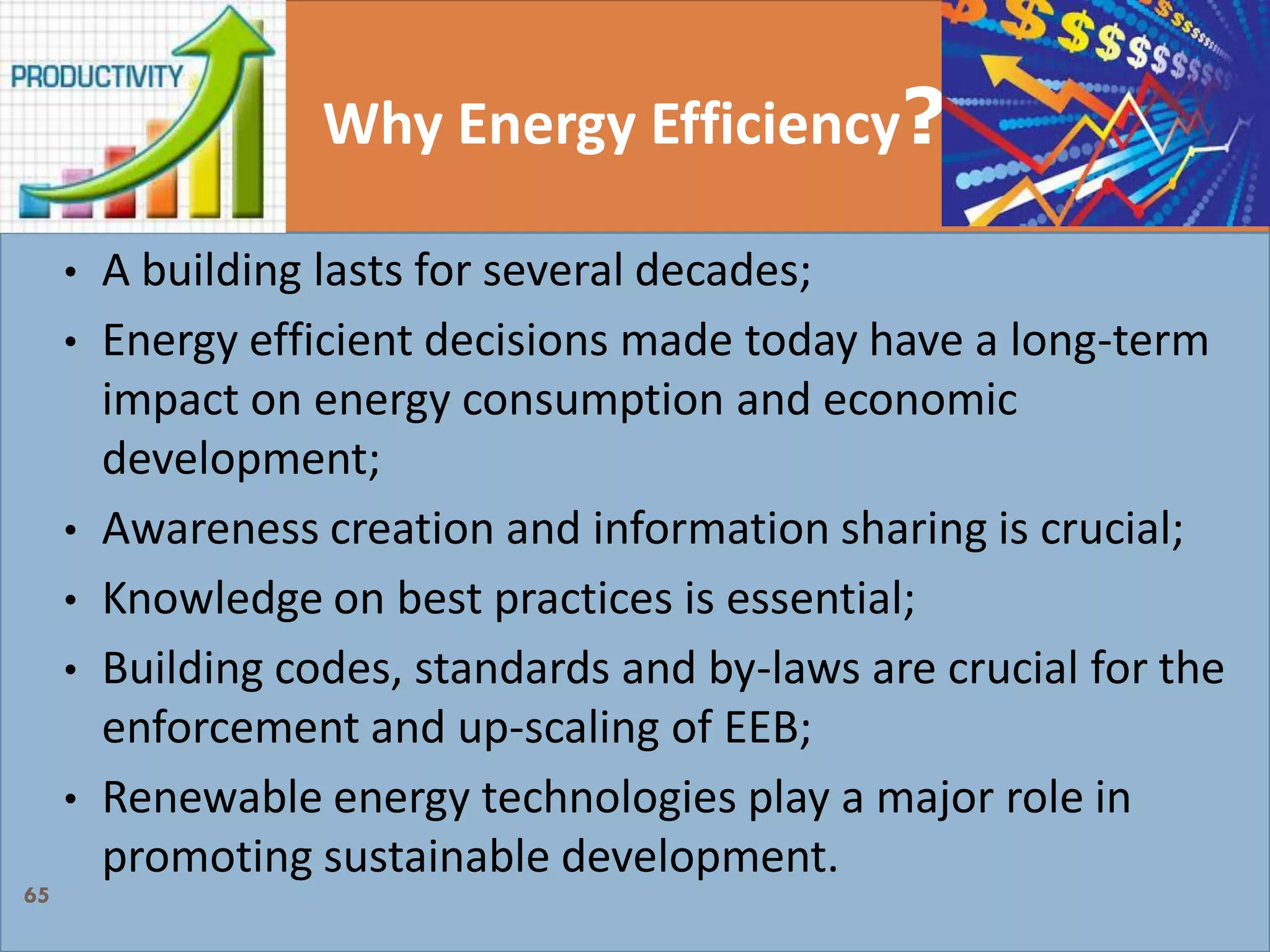 Why Energy Efficiency?
• A building lasts for several decades;
• Energy efficient decisions made today have a long-term
impact on energy consumption and economic
development;
• Awareness creation and information sharing is crucial;
• Knowledge on best practices is essential;
• Building codes, standards and by-laws are crucial for the
enforcement and up-scaling of EEB;
• Renewable energy technologies play a major role in
promoting sustainable development.
65
 