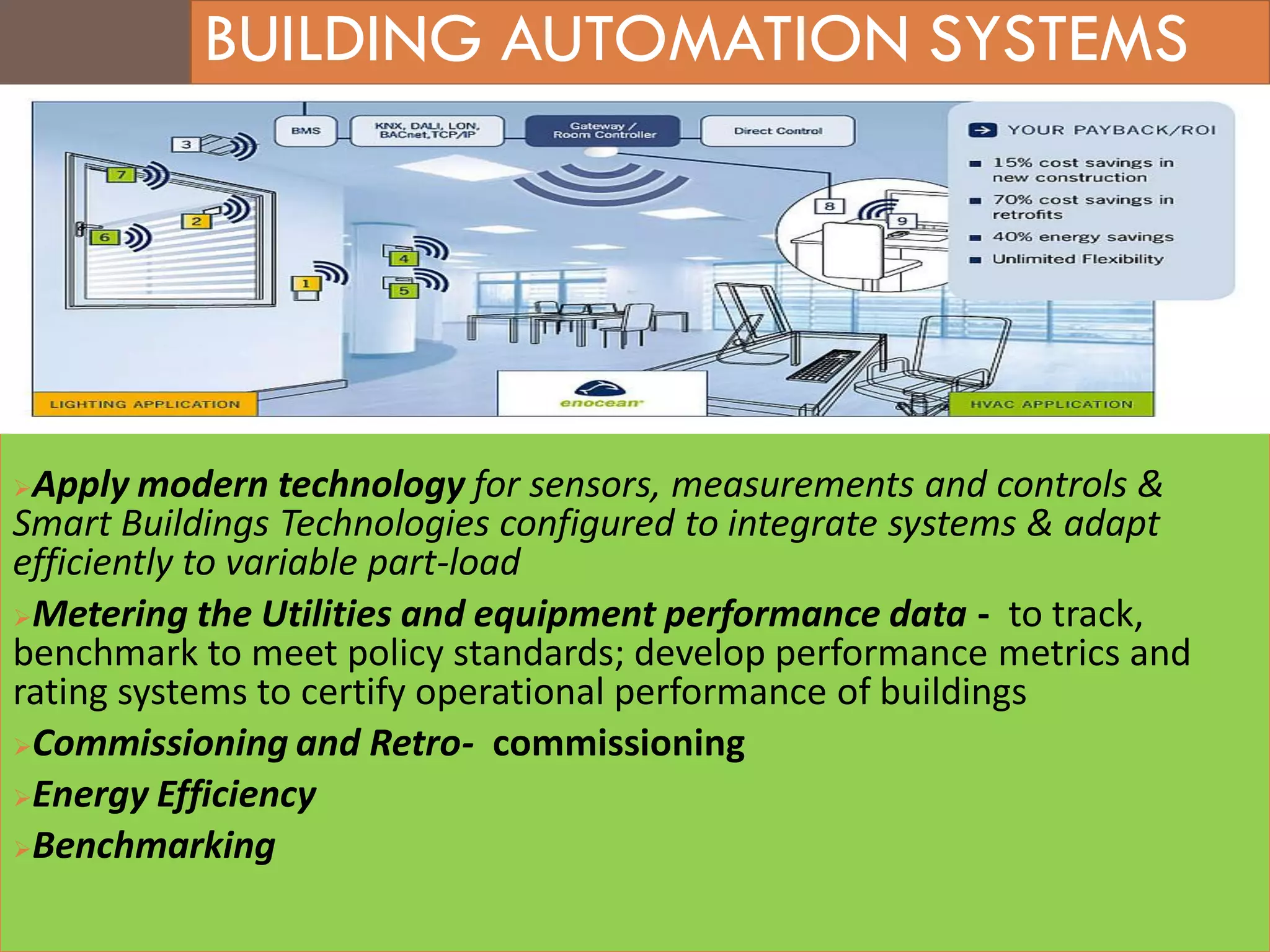 BUILDING AUTOMATION SYSTEMS
Apply modern technology for sensors, measurements and controls &
Smart Buildings Technologies configured to integrate systems & adapt
efficiently to variable part-load
Metering the Utilities and equipment performance data - to track,
benchmark to meet policy standards; develop performance metrics and
rating systems to certify operational performance of buildings
Commissioning and Retro- commissioning
Energy Efficiency
Benchmarking
 