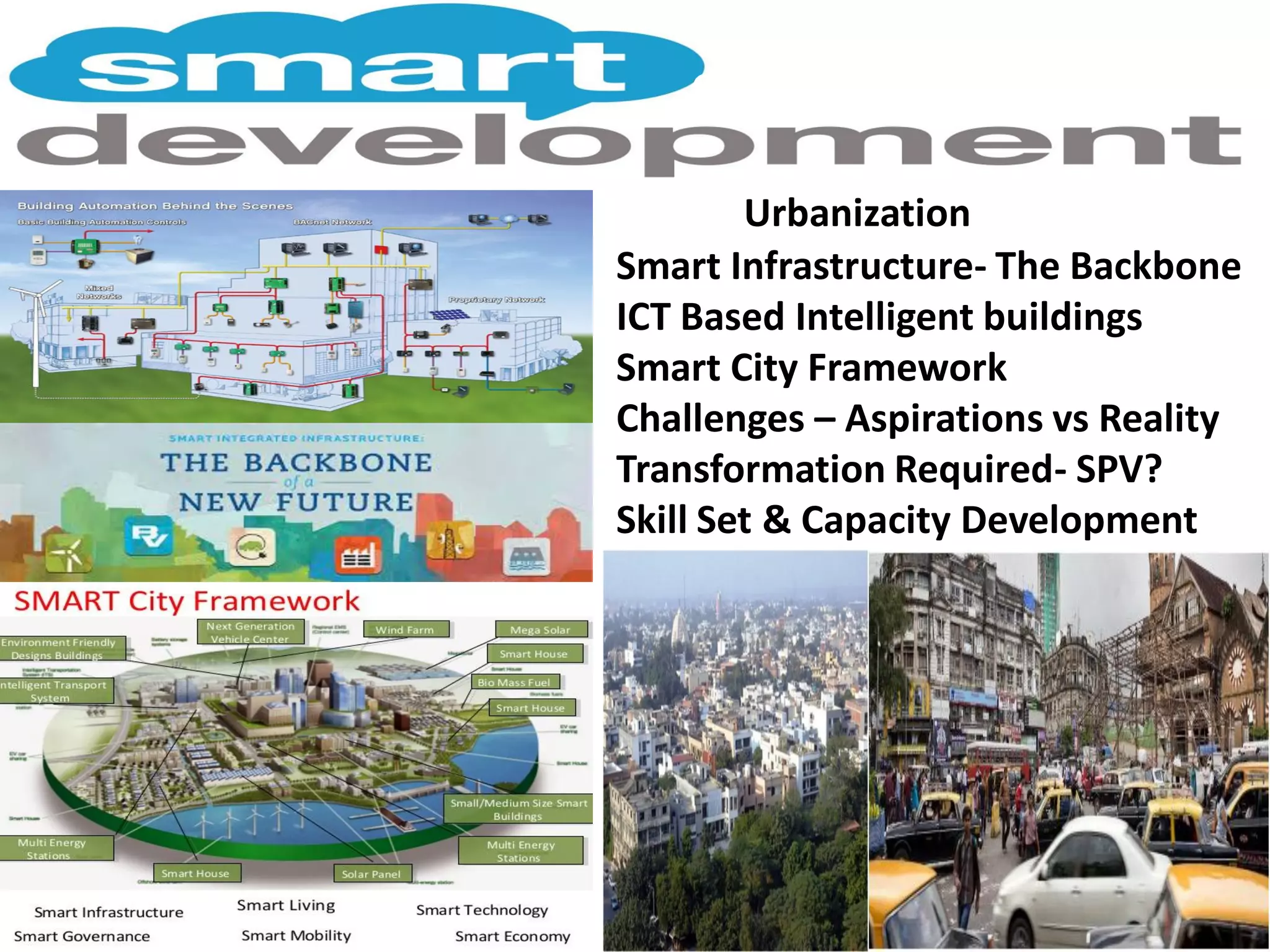 Urbanization
Smart Infrastructure- The Backbone
ICT Based Intelligent buildings
Smart City Framework
Challenges – Aspirations vs Reality
Transformation Required- SPV?
Skill Set & Capacity Development
Outline of Presentation
Opportunities & Challenges
 