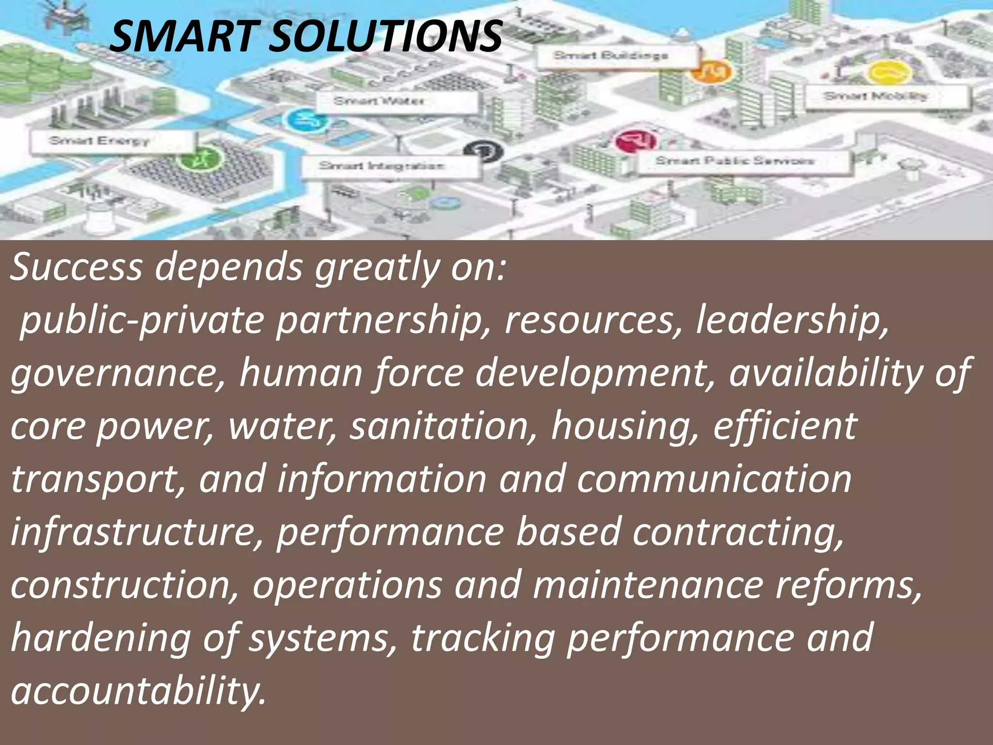 AIC Tech 2016-Smart Cities, Smart Infrastructure16/1/2016
Success depends greatly on:
public-private partnership, resources, leadership,
governance, human force development, availability of
core power, water, sanitation, housing, efficient
transport, and information and communication
infrastructure, performance based contracting,
construction, operations and maintenance reforms,
hardening of systems, tracking performance and
accountability.
SMART SOLUTIONS
 