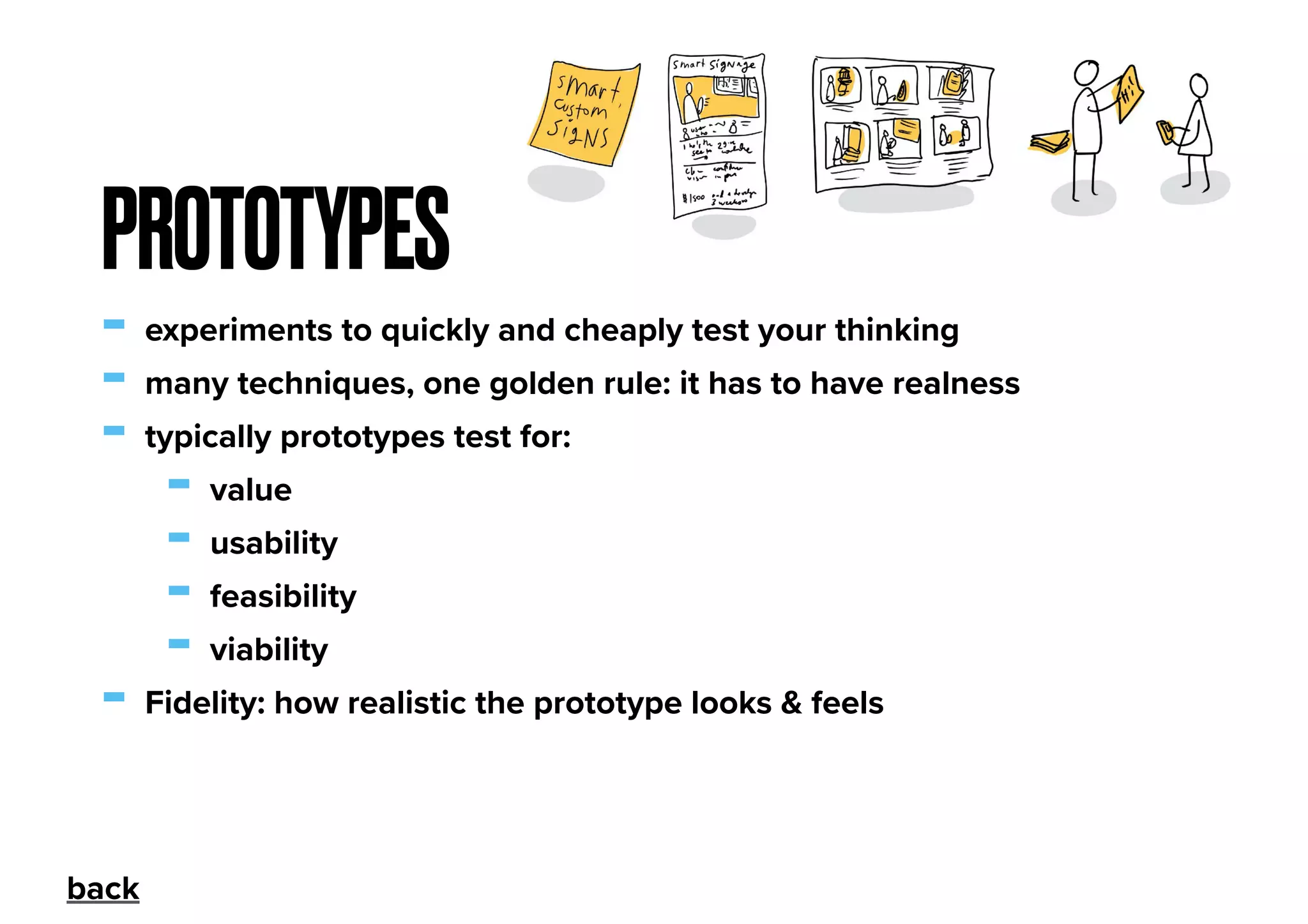 - experiments to quickly and cheaply test your thinking
- many techniques, one golden rule: it has to have realness
- typically prototypes test for:
- value
- usability
- feasibility
- viability
- Fidelity: how realistic the prototype looks & feels
PROTOTYPES
back
 