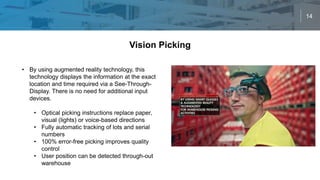 14
Vision Picking
• By using augmented reality technology, this
technology displays the information at the exact
location and time required via a See-Through-
Display. There is no need for additional input
devices.
• Optical picking instructions replace paper,
visual (lights) or voice-based directions
• Fully automatic tracking of lots and serial
numbers
• 100% error-free picking improves quality
control
• User position can be detected through-out
warehouse
 