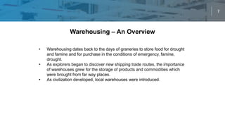 7
• Warehousing dates back to the days of graneries to store food for drought
and famine and for purchase in the conditions of emergency, famine,
drought.
• As explorers began to discover new shipping trade routes, the importance
of warehouses grew for the storage of products and commodities which
were brought from far way places.
• As civilization developed, local warehouses were introduced. totored for drought and
famine and this food was available for purchase in the conditions of emergency, famine, drought red for drought and famine and this
food was available for purchase in the conditions of emergency, famine, drought
Warehousing – An Overview
 
