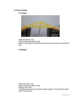 Page 31 of 44
5.5 Testing of bridges
5.5.1 Bridge 1
Weight of the bridge: 110g
Load the bridge can withstand: 1470g
Efficiency of the bridge: The Bridge failed due to the poor workmanship as it cracked at the
joints.
5.5.2 Bridge 2
Weight of the bridge: 112g
Load the bridge can withstand: 1350g
Efficiency of the bridge:
The Bridge failed when one of the bottom members snapped. This means that the bridge
bared its maximum load.
 