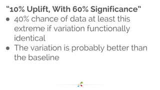 “10% Uplift, With 60% Significance”
● 40% chance of data at least this
extreme if variation functionally
identical
● The variation is probably better than
the baseline
 