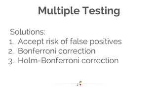 Multiple Testing
Solutions:
1. Accept risk of false positives
2. Bonferroni correction
3. Holm-Bonferroni correction
 
