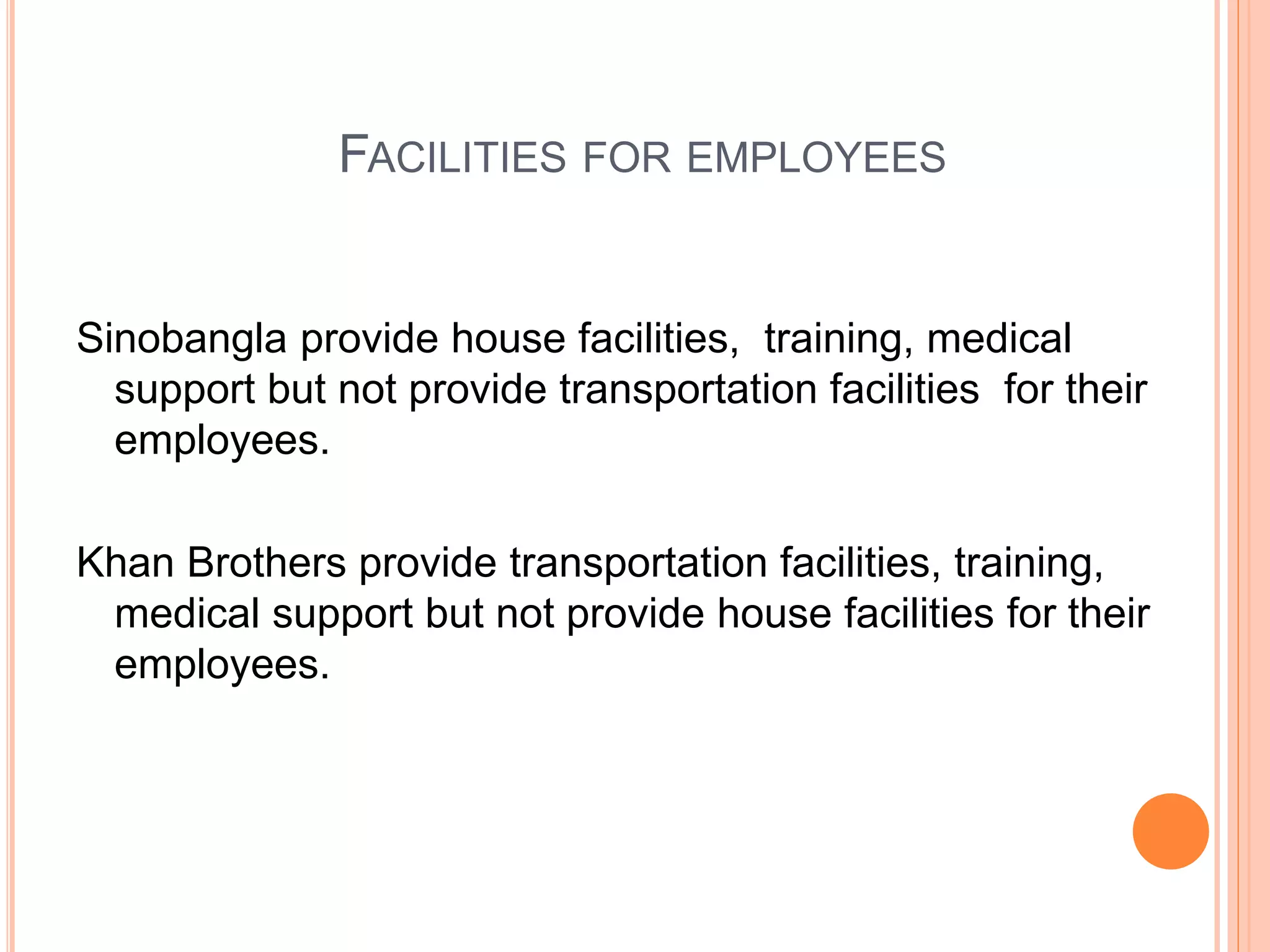 FACILITIES FOR EMPLOYEES
Sinobangla provide house facilities, training, medical
support but not provide transportation facilities for their
employees.
Khan Brothers provide transportation facilities, training,
medical support but not provide house facilities for their
employees.
 