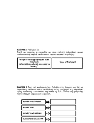 GAWAIN 2. Palawakin Mo
Pumili ng kapareha at magpakita ng isang maiksing dula-dulaan upang
mailarawan ang tungkol sa alinman sa mga sumusunod na pahayag.
GAWAIN 3. Tayo na’t Magkuwentuhan. Subukin mong ikuwento ang ilan sa
mga dulang nalalaman mo at sabihin kung anong pangyayari ang naghudyat
upang humantong sa trahedya ang wakas ng dula. Gamitin ang grapikong
representasyon sa pagsagot sa gawain.
“Pag nasok ang pag-ibig sa puso
ninuman;
hahamakin ang lahat, masunod ka
lamang”
Love at first sight
KUWENTONG NABASA
KUWENTONG
NAPANOOD
KUWENTONG NARINIG
KUWENTONG NASAKSIHAN
 