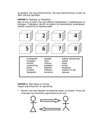 ng aginaldo, sila ang pinakamarunong. Sila ang pinakamarunong sa lahat ng
dako. Sila ang mga Mago.
GAWAIN 5. Paglinang ng Talasalitaan
Itala sa loob ng kahon ang mga salitang magkakatulad o magkakaugnay ng
kahulugan. Pagkatapos, gamitin sa pagbuo ng makabuluhang pangungusap.
Gayahin ang pormat sa sagutang papel.
GAWAIN 6. Mga Gabay na Tanong
Sagutin ang sumusunod na mga tanong.
1. Ilarawan ang mga katangian ng dalawang tauhan sa kuwento. Paano nila
ipinamalas ang masidhing pagmamahal sa isa’t isa?
sumalagmak hagulgol walang katinag-tinag
humagibis hilam silakbo
lumandi simbuyo tangis
umalembong panlalabo tumulin
kulabo lagablab halughugin
lumuklok halukayin malakas na iyak
halungkatin humarurot napaupo
 