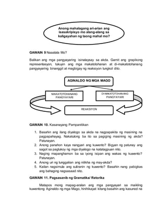 GAWAIN 9 Naaalala Mo?
Balikan ang mga pangyayaring isinalaysay sa akda. Gamit ang grapikong
representasyon, tukuyin ang mga makatotohanan at di-makatotohanang
pangyayaring binanggit at magbigay ng reaksiyon tungkol dito.
GAWAIN 10. Kasanayang Pampanitikan
1. Basahin ang ilang diyalogo sa akda na nagpapakita ng masining na
pagpapahayag. Nakatulong ba ito sa pagiging masining ng akda?
Patunayan.
2. Anong panahon kaya nangyari ang kuwento? Bigyan ng patunay ang
sagot sa pagtukoy ng mga diyalogo na katatagpuan nito.
3. Naging mapanghamon ba sa iyong isipan ang wakas ng kuwento?
Patunayan.
4. Anong uri ng tunggalian ang nilikha ng may-akda?
5. Kailan nagsimula ang suliranin ng kuwento? Basahin nang pabigkas
ang bahaging nagsasaad nito.
GAWAIN 11. Pagsasanib ng Gramatika/ Retorika
Matapos mong mapag-aralan ang mga pangyayari sa maikling
kuwentong Aginaldo ng mga Mago, hinihikayat kitang basahin ang kasunod na
AGINALDO NG MGA MAGO
MAKATOTOHANANG
PANGYAYARI
DI-MAKATOTOHANANG
PANGYAYARI
REAKSIYON
Anong mahalagang ari-arian ang
isasakripisyo mo alang-alang sa
kaligayahan ng taong mahal mo?
 