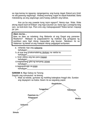 sa mga kamay ko ngayong nangangamoy ang buong dagat. Bukod pa’y hindi
na sila gaanong nagdurugo. Walang anumang sugat na dapat ikabahala. Baka
makatulong pa ang pagdurugo para huwag pulikatin ang kaliwa.
Ano pa ba ang puwede kong isipin ngayon? Naisip niya. Wala. Wala
akong dapat isipinat hintayin ang mga susunod pa. Sana nga’y panaginip lang
iyon, sa loob-loob niya. Pero sino ang makapagsasabi? Baka naman mapaigi
pa ‘yon.
GAWAIN 3. Paglinang ng Talasalitaan
Bigyang-kahulugan ang sumusunod na salitang may salungguhit.
a. inihanda niya ang salapang
kahulugan:_______________________________________
b. at siya ang pinakamalaking dentuso na nakita ko
kahulugan:__________________ _____________________
c. hindi nilikha ang tao para magapi
kahulugan:_______________________________________
d.magkabilang gilid ng kaniyang prowa
kahulugan:_______________________________________
e.nagpapahinga sa popa
kahulugan:_______________________________________
GAWAIN 4. Mga Gabay na Tanong
Sagutin ang sumusunod na tanong.
1. Mula sa nobela, gumawa ng maikling balangkas hinggil dito. Sundan
ang dayagram sa ibaba. Gawin ito sa sagutang papel.
Alam mo ba…
litaw na litaw sa nobelang Ang Matanda at ang Dagat ang pananaw
Realismo? Matapat na pagsasalamin ng realidad ang ginagawa ng
panitikan para higit nitong mapaunlad ang lipunan. Nakatuon ito sa
nilalaman ng teksto at ang matapat nitong paggagad sa lipunan.
Simula
Suliranin
Papataas na
Pangyayari
Tunggalian
Kasukdulan
Kakalasan
Wakas
 