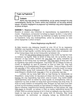 Tuklasin
Narito ang mga gawain na makatutulong sa iyo upang masagot mo ang
mahahalagang tanong na: Paano naiiba ang mitolohiya sa iba pang akdang
tuluyan At paano magagamit sa pagsusuri ng mitolohiya ang pokus tagaganap
at pokus sa layon.
GAWAIN 1. Magbasa at Magsuri
Basahin at unawain ang mitolohiya na nagsasalaysay ng pagkakalikha ng
mundo. Pagkatapos, sa kasunod na bahagi ay lagyan ng tsek ( ⁄ ) ang kahon
kung ang binabanggit na elemento ng mitolohiya ay taglay ng binasa at isulat
sa kuwaderno kung ang sinalunguhitang paksa ng pangungusap ay nasa
pokus tagaganap o pokus sa layon.
Paano Nagkaanyo ang Mundo?
Si Odin kasama ang dalawang kapatid na sina Vili at Ve ay nagawang
paslangin ang higanteng si Ymir. Ito ang dahilan kaya hindi magkasundo ang
mga Aesir at mga higante. Lumikha sila ng isang mundo mula sa katawan nito
at iba’t ibang bagay mula sa iba’t ibang parte ng katawan nito.
Binuo nila ang gitnang bahagi ng mundo o ang mundo ng mga tao mula
sa katawan ng higante. Mula sa laman at ilang buto nito ay lumikha sila ng
kalupaan at mga bundok. Ginamit nila ang dugo nito upang makalikha ng
karagatan at iba’t ibang anyo ng katubigan. Ang mga ngipin at ilang buto nito
ay nagsilbing mga graba at hangganan. Ang bungo nito ay inilagay sa itaas ng
mundo at nagtalaga ng apat na duwende sa apat na sulok nito. Ang mga
duwendeng ito ay pinangalanang Silangan, Kanluran, Timog at Hilaga. Ginamit
nila ang kilay ni Ymir upang lumikha ng kagubatan sa buong mundo na siyang
magpoprotekta upang hindi makapasok dito ang mga higante. Tinawag nila
itong Midgard o Middle-Earth. Ang utak ni Ymir ay ginawang mga ulap.
Lumikha sila ng isang lugar para sa mga liwanag na nakakawala sa
Muspelheim, isang mundo na nag-aapoy at inilayo nila ito sa mundo. Ang mga
liwanag nito ang nagsisilbing mga bituin, araw at buwan. Ang maitim subalit
napakagandang anak na babae ng isang higante na pinangalanang Gabi ay
nagkaroon ng anak na lalaki sa isang Aesir god at tinawag niya itong Araw. Si
Araw ay isang matalino at masayahing bata. Binigyan ng mga diyos sina Gabi
at Araw ng kani-kanilang karwahe at mga kabayo at inilagay sila sa kalangitan.
Sila ay inutusang magpaikot-ikot habang nakasakay sa mga kabayo nila. Ang
mga pawis na tumutulo sa kabayo ni Gabi ay siyang nagsisilbing hamog sa
umaga. Dahil sa sobrang liwanag at init ni Araw ay naglagay ang mga diyos ng
bagay sa mga paa ng kabayo nito upang hindi ito masunog. May isang
mangkukulam na naninirahan sa silangang bahagi ng Middle-Earth ay
Yugto ng Pagkatuto
 
