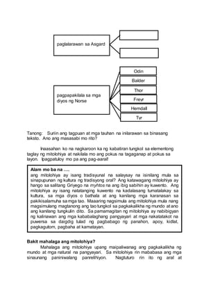 Tanong: Suriin ang tagpuan at mga tauhan na inilarawan sa binasang
teksto. Ano ang masasabi mo rito?
Inaasahan ko na nagkaroon ka ng kabatiran tungkol sa elementong
taglay ng mitolohiya at nakilala mo ang pokus na tagaganap at pokus sa
layon. Ipagpatuloy mo pa ang pag-aaral!
Bakit mahalaga ang mitolohiya?
Mahalaga ang mitolohiya upang maipaliwanag ang pagkakalikha ng
mundo at mga natural na pangyayari. Sa mitolohiya rin mababasa ang mga
sinaunang paniniwalang panrelihiyon. Nagtuturo rin ito ng aral at
paglalarawan sa Asgard
pagpapakilala sa mga
diyos ng Norse
Odin
Balder
Tyr
Hemdall
Thor
Freyr
Alam mo ba na ….
ang mitolohiya ay isang tradisyunal na salaysay na isinilang mula sa
sinapupunan ng kultura ng tradisyong oral? Ang katawagang mitolohiya ay
hango sa salitang Griyego na myhtos na ang ibig sabihin ay kuwento. Ang
mitolohiya ay isang natatanging kuwento na kadalasang tumatalakay sa
kultura, sa mga diyos o bathala at ang kanilang mga karanasan sa
pakikisalamuha sa mga tao. Maaaring nagsimula ang mitolohiya mula nang
magsimulang magtanong ang tao tungkol sa pagkakalikha ng mundo at ano
ang kanilang tungkulin dito. Sa pamamagitan ng mitolohiya ay nabibigyan
ng kalinawan ang mga kababalaghang pangyayari at mga nakatatakot na
puwersa sa daigdig tulad ng pagbabago ng panahon, apoy, kidlat,
pagkagutom, pagbaha at kamatayan.
 