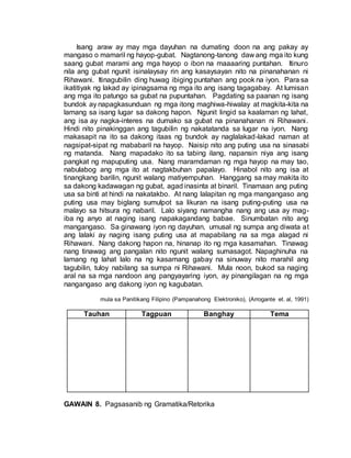 Isang araw ay may mga dayuhan na dumating doon na ang pakay ay
mangaso o mamaril ng hayop-gubat. Nagtanong-tanong daw ang mga ito kung
saang gubat marami ang mga hayop o ibon na maaaaring puntahan. Itinuro
nila ang gubat ngunit isinalaysay rin ang kasaysayan nito na pinanahanan ni
Rihawani. Itinagubilin ding huwag ibiging puntahan ang pook na iyon. Para sa
ikatitiyak ng lakad ay ipinagsama ng mga ito ang isang tagagabay. At lumisan
ang mga ito patungo sa gubat na pupuntahan. Pagdating sa paanan ng isang
bundok ay napagkasunduan ng mga itong maghiwa-hiwalay at magkita-kita na
lamang sa isang lugar sa dakong hapon. Ngunit lingid sa kaalaman ng lahat,
ang isa ay nagka-interes na dumako sa gubat na pinanahanan ni Rihawani.
Hindi nito pinakinggan ang tagubilin ng nakatatanda sa lugar na iyon. Nang
makasapit na ito sa dakong itaas ng bundok ay naglalakad-lakad naman at
nagsipat-sipat ng mababaril na hayop. Naisip nito ang puting usa na sinasabi
ng matanda. Nang mapadako ito sa tabing ilang, napansin niya ang isang
pangkat ng mapuputing usa. Nang maramdaman ng mga hayop na may tao,
nabulabog ang mga ito at nagtakbuhan papalayo. Hinabol nito ang isa at
tinangkang barilin, ngunit walang matiyempuhan. Hanggang sa may makita ito
sa dakong kadawagan ng gubat, agad inasinta at binaril. Tinamaan ang puting
usa sa binti at hindi na nakatakbo. At nang lalapitan ng mga mangangaso ang
puting usa may biglang sumulpot sa likuran na isang puting-puting usa na
malayo sa hitsura ng nabaril. Lalo siyang namangha nang ang usa ay mag-
iba ng anyo at naging isang napakagandang babae. Sinumbatan nito ang
mangangaso. Sa ginawang iyon ng dayuhan, umusal ng sumpa ang diwata at
ang lalaki ay naging isang puting usa at mapabilang na sa mga alagad ni
Rihawani. Nang dakong hapon na, hinanap ito ng mga kasamahan. Tinawag
nang tinawag ang pangalan nito ngunit walang sumasagot. Napaghinuha na
lamang ng lahat lalo na ng kasamang gabay na sinuway nito marahil ang
tagubilin, tuloy nabilang sa sumpa ni Rihawani. Mula noon, bukod sa naging
aral na sa mga nandoon ang pangyayaring iyon, ay pinangilagan na ng mga
nangangaso ang dakong iyon ng kagubatan.
mula sa Panitikang Filipino (Pampanahong Elektroniko), (Arrogante et. al, 1991)
Tauhan Tagpuan Banghay Tema
GAWAIN 8. Pagsasanib ng Gramatika/Retorika
 