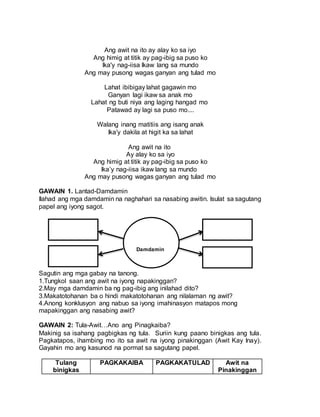 Ang awit na ito ay alay ko sa iyo
Ang himig at titik ay pag-ibig sa puso ko
Ika'y nag-iisa Ikaw lang sa mundo
Ang may pusong wagas ganyan ang tulad mo
Lahat ibibigay lahat gagawin mo
Ganyan lagi ikaw sa anak mo
Lahat ng buti niya ang laging hangad mo
Patawad ay lagi sa puso mo....
Walang inang matitiis ang isang anak
Ika'y dakila at higit ka sa lahat
Ang awit na ito
Ay alay ko sa iyo
Ang himig at titik ay pag-ibig sa puso ko
Ika’y nag-iisa ikaw lang sa mundo
Ang may pusong wagas ganyan ang tulad mo
GAWAIN 1. Lantad-Damdamin
Ilahad ang mga damdamin na naghahari sa nasabing awitin. Isulat sa sagutang
papel ang iyong sagot.
Sagutin ang mga gabay na tanong.
1.Tungkol saan ang awit na iyong napakinggan?
2.May mga damdamin ba ng pag-ibig ang inilahad dito?
3.Makatotohanan ba o hindi makatotohanan ang nilalaman ng awit?
4.Anong konklusyon ang nabuo sa iyong imahinasyon matapos mong
mapakinggan ang nasabing awit?
GAWAIN 2: Tula-Awit…Ano ang Pinagkaiba?
Makinig sa isahang pagbigkas ng tula. Suriin kung paano binigkas ang tula.
Pagkatapos, ihambing mo ito sa awit na iyong pinakinggan (Awit Kay Inay).
Gayahin mo ang kasunod na pormat sa sagutang papel.
Tulang
binigkas
PAGKAKAIBA PAGKAKATULAD Awit na
Pinakinggan
Damdamin
 