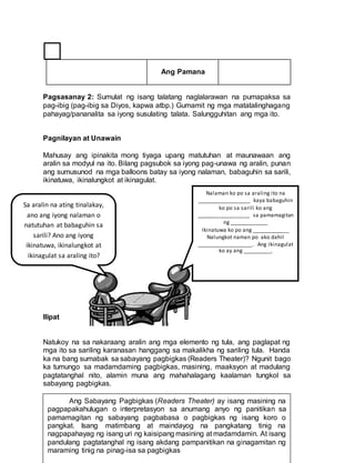 Ang Pamana
Pagsasanay 2: Sumulat ng isang talatang naglalarawan na pumapaksa sa
pag-ibig (pag-ibig sa Diyos, kapwa atbp.) Gumamit ng mga matatalinghagang
pahayag/pananalita sa iyong susulating talata. Salungguhitan ang mga ito.
Pagnilayan at Unawain
Mahusay ang ipinakita mong tiyaga upang matutuhan at maunawaan ang
aralin sa modyul na ito. Bilang pagsubok sa iyong pag-unawa ng aralin, punan
ang sumusunod na mga balloons batay sa iyong nalaman, babaguhin sa sarili,
ikinatuwa, ikinalungkot at ikinagulat.
Ilipat
Natukoy na sa nakaraang aralin ang mga elemento ng tula, ang paglapat ng
mga ito sa sariling karanasan hanggang sa makalikha ng sariling tula. Handa
ka na bang sumabak sa sabayang pagbigkas (Readers Theater)? Ngunit bago
ka tumungo sa madamdaming pagbigkas, masining, maaksyon at madulang
pagtatanghal nito, alamin muna ang mahahalagang kaalaman tungkol sa
sabayang pagbigkas.
Ang Sabayang Pagbigkas (Readers Theater) ay isang masining na
pagpapakahulugan o interpretasyon sa anumang anyo ng panitikan sa
pamamagitan ng sabayang pagbabasa o pagbigkas ng isang koro o
pangkat. Isang matimbang at maindayog na pangkatang tinig na
nagpapahayag ng isang uri ng kaisipang masining at madamdamin. At isang
pandulang pagtatanghal ng isang akdang pampanitikan na ginagamitan ng
maraming tinig na pinag-isa sa pagbigkas
Sa aralin na ating tinalakay,
ano ang iyong nalaman o
natutuhan at babaguhin sa
sarili? Ano ang iyong
ikinatuwa, ikinalungkot at
ikinagulat sa araling ito?
Nalaman ko po sa araling ito na
__________________ kaya babaguhin
ko po sa sarili ko ang
__________________ sa pamamagitan
ng _____________
Ikinatuwa ko po ang _____________
Nalungkot naman po ako dahil
___________________. Ang ikinagulat
ko ay ang __________.
 