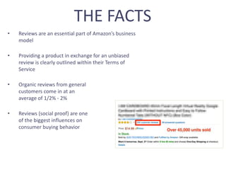 THE FACTS
• Reviews are an essential part of Amazon’s business
model
• Providing a product in exchange for an unbiased
review is clearly outlined within their Terms of
Service
• Organic reviews from general
customers come in at an
average of 1/2% - 2%
• Reviews (social proof) are one
of the biggest influences on
consumer buying behavior
 