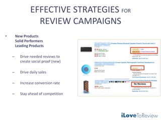 EFFECTIVE STRATEGIES FOR
REVIEW CAMPAIGNS
• New Products
Solid Performers
Leading Products
– Drive needed reviews to
create social proof (new)
– Drive daily sales
– Increase conversion rate
– Stay ahead of competition
 
