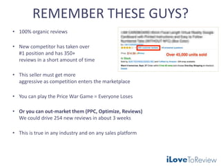 REMEMBER THESE GUYS?
• 100% organic reviews
• New competitor has taken over
#1 position and has 350+
reviews in a short amount of time
• This seller must get more
aggressive as competition enters the marketplace
• You can play the Price War Game = Everyone Loses
• Or you can out-market them (PPC, Optimize, Reviews)
We could drive 254 new reviews in about 3 weeks
• This is true in any industry and on any sales platform
 