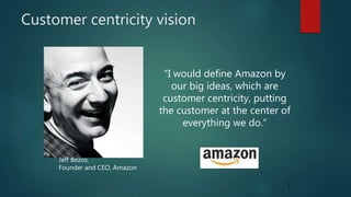 Customer centricity vision
"I would define Amazon by
our big ideas, which are
customer centricity, putting
the customer at the center of
everything we do.”
Jeff Bezos,
Founder and CEO, Amazon
1
5
 