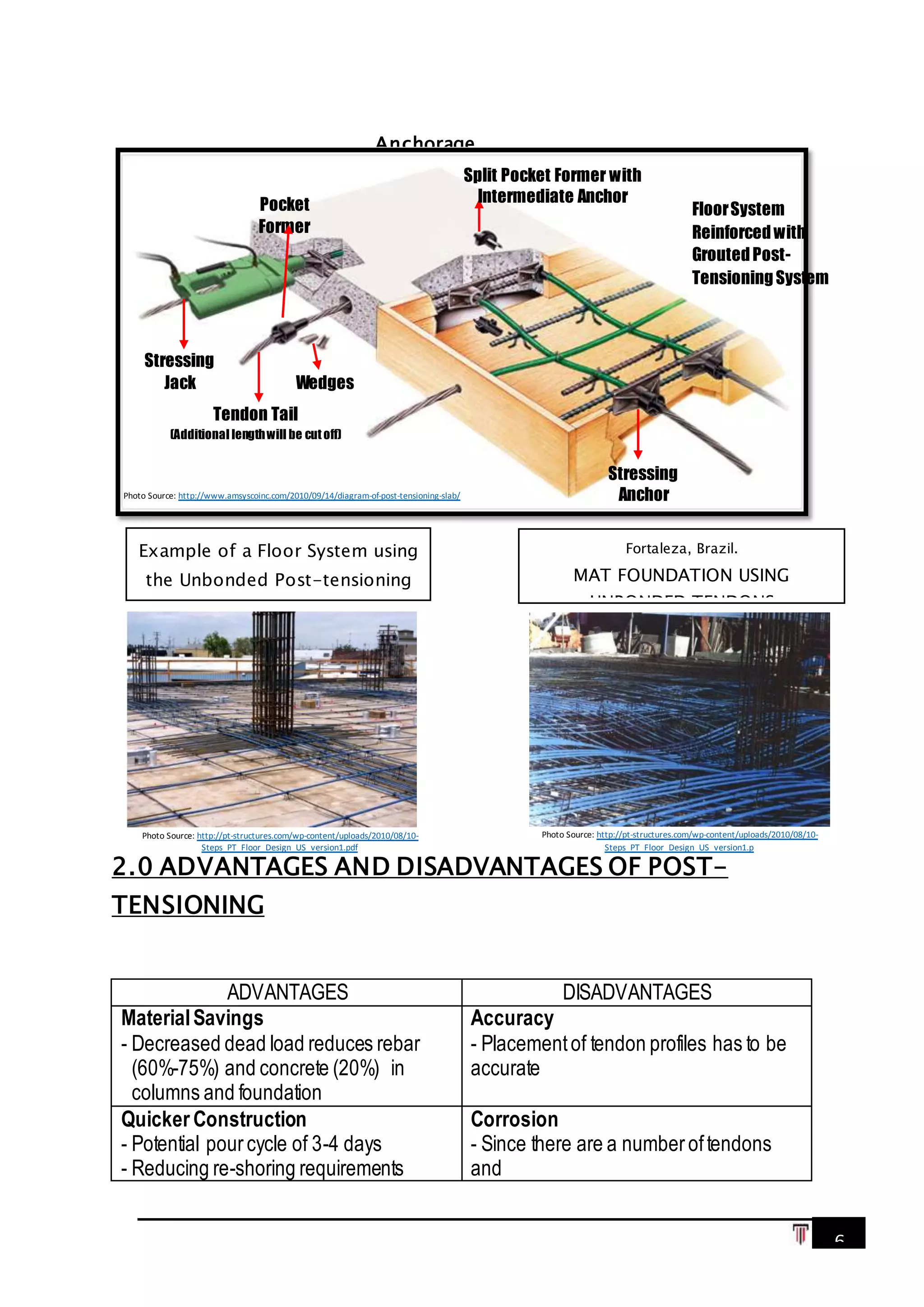 6
2.0 ADVANTAGES AND DISADVANTAGES OF POST-
TENSIONING
ADVANTAGES DISADVANTAGES
MaterialSavings
- Decreased dead load reduces rebar
(60%-75%) and concrete (20%) in
columns and foundation
Accuracy
- Placementof tendon profiles has to be
accurate
Quicker Construction
- Potential pourcycle of 3-4 days
- Reducing re-shoring requirements
Corrosion
- Since there are a numberoftendons
and
Stressing
Jack
Tendon Tail
(Additional lengthwill be cutoff)
Wedges
Stressing
Anchor
Split Pocket Former with
Intermediate AnchorPocket
Former
Anchorage
Assembly
Photo Source: http://www.amsyscoinc.com/2010/09/14/diagram-of-post-tensioning-slab/
Photo Source: http://pt-structures.com/wp-content/uploads/2010/08/10-
Steps_PT_Floor_Design_US_version1.pdf
Example of a Floor System using
the Unbonded Post-tensioning
System
Fortaleza, Brazil.
MAT FOUNDATION USING
UNBONDED TENDONS
Photo Source: http://pt-structures.com/wp-content/uploads/2010/08/10-
Steps_PT_Floor_Design_US_version1.p
FloorSystem
Reinforcedwith
GroutedPost-
TensioningSystem
 