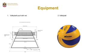 Equipment
1. Volleyball court with net. 2. Volleyball
 