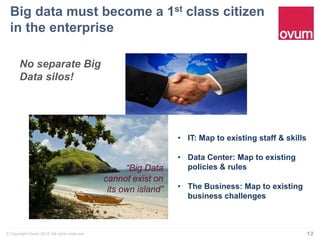 Big data must become a 1st class citizen 
in the enterprise" 
No separate Big 
Data silos! 
“Big Data 
cannot exist on 
its own island” 
• IT: Map to existing staff & skills 
• Data Center: Map to existing 
policies & rules 
• The Business: Map to existing 
business challenges 
© Copyright Ovum 2014. All rights reserved. 12 
 