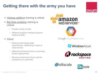 Getting there with the army you have" 
§ Hadoop platform training is critical 
§ Big Data analytics training is 
critical 
§ Greater variety of data 
§ Different analytics methods (beyond 
traditional SQL) 
§ Cloud 
§ Reduces technology skills 
requirements, depending on type of 
cloud service 
§ Different architecture than on premises 
cluster deployments 
§ Requires retraining if cloud used for 
jumpstart to on-premises 
© Copyright Ovum 2014. All rights reserved. 15 
 