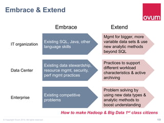 Embrace & Extend" 
IT organization 
Data Center 
Enterprise 
Embrace Extend 
Existing SQL, Java, other 
language skills 
Mgmt for bigger, more 
variable data sets & use 
new analytic methods 
beyond SQL 
Existing data stewardship, 
resource mgmt, security, 
perf mgmt practices 
Practices to support 
different workload 
characteristics & active 
archiving 
Existing competitive 
problems 
Problem solving by 
using new data types & 
analytic methods to 
boost understanding 
How to make Hadoop & Big Data 1st class citizens 
© Copyright Ovum 2014. All rights reserved. 19 
 