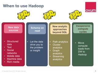 When to use Hadoop" 
New data 
sources 
Schema on 
read 
New analytic 
approaches 
beyond SQL 
Inexpensive 
compute 
cycles 
• Structured 
data 
• Text 
• Social 
networks 
• Mobile data 
• Machine data 
• Rich media 
• Let the data 
drive you to 
the problem 
or insight 
• Path analytics 
• Cluster 
analytics 
• Graph 
analytics 
• Streaming 
analytics 
• Move 
compute 
loads from 
DW to 
Hadoop 
© Copyright Ovum 2014. All rights reserved. 9 
 